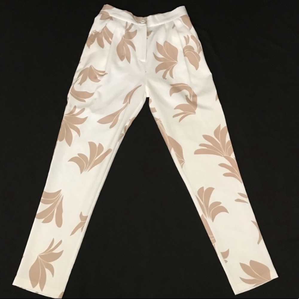 White and Tan Floral Print Trousers